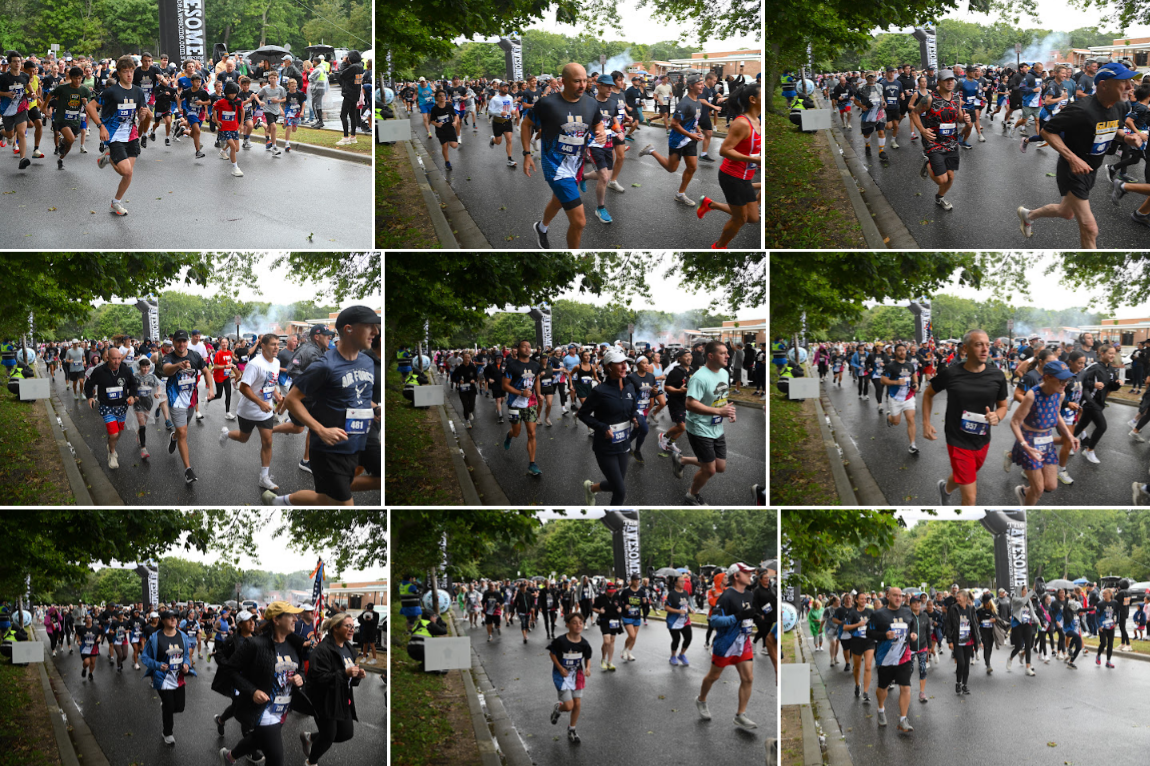 A grid of nine action shots showing a large crowd of people participating in a marathon on an urban street lined with trees.